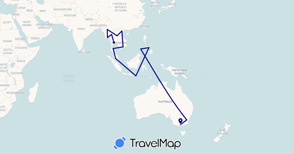TravelMap itinerary: driving in Australia, Indonesia, Laos, Myanmar (Burma), Philippines, Thailand, Vietnam (Asia, Oceania)